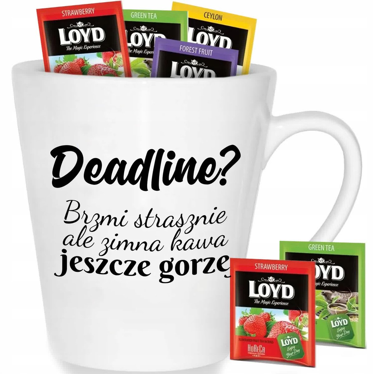 Kubek Biały Latte DEADLINE? BRZMI STRASZNIE Prezent Wzory + 8 Loyd