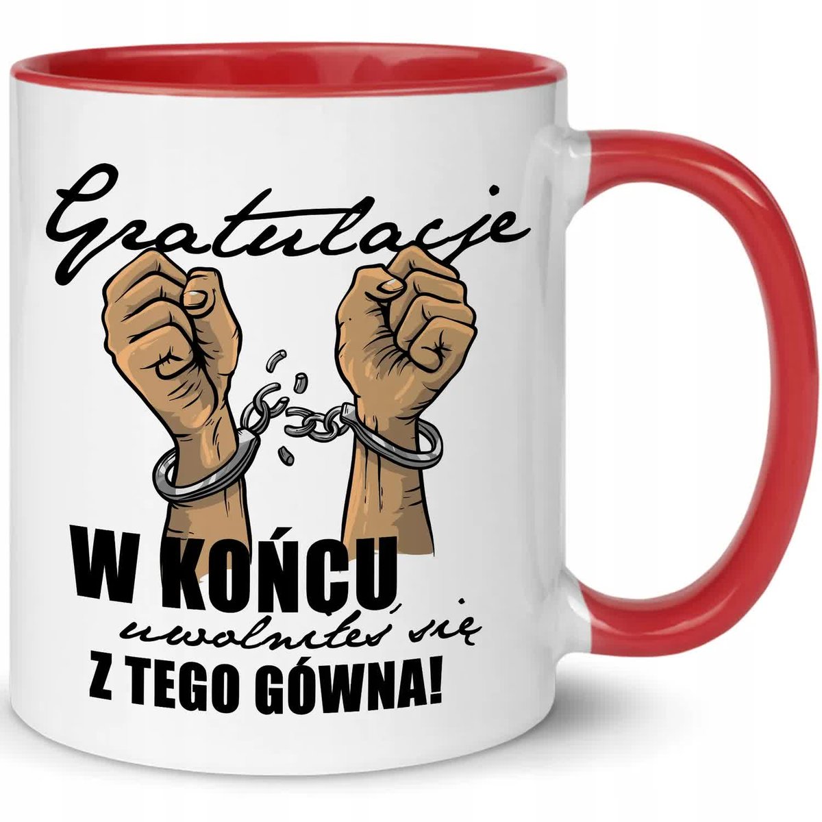KUBEK BIAŁY UCHO WNĘTRZE CZERWONE PREZENT NA POŻEGNANIE W PRACY ZDRAJCO WZ