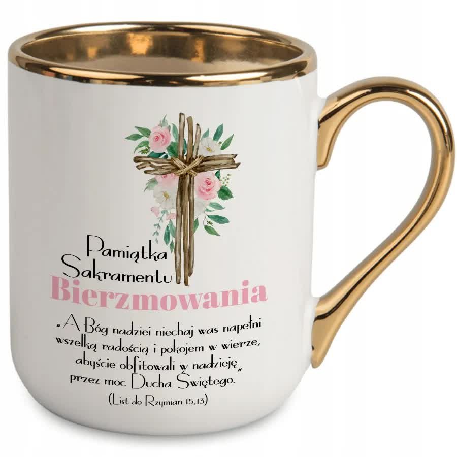 KUBEK ELEGANT BIAŁY PREZENT PAMIĄTKA SAKRAMENTU BIERZMOWANIA BIBLIA WZORY
