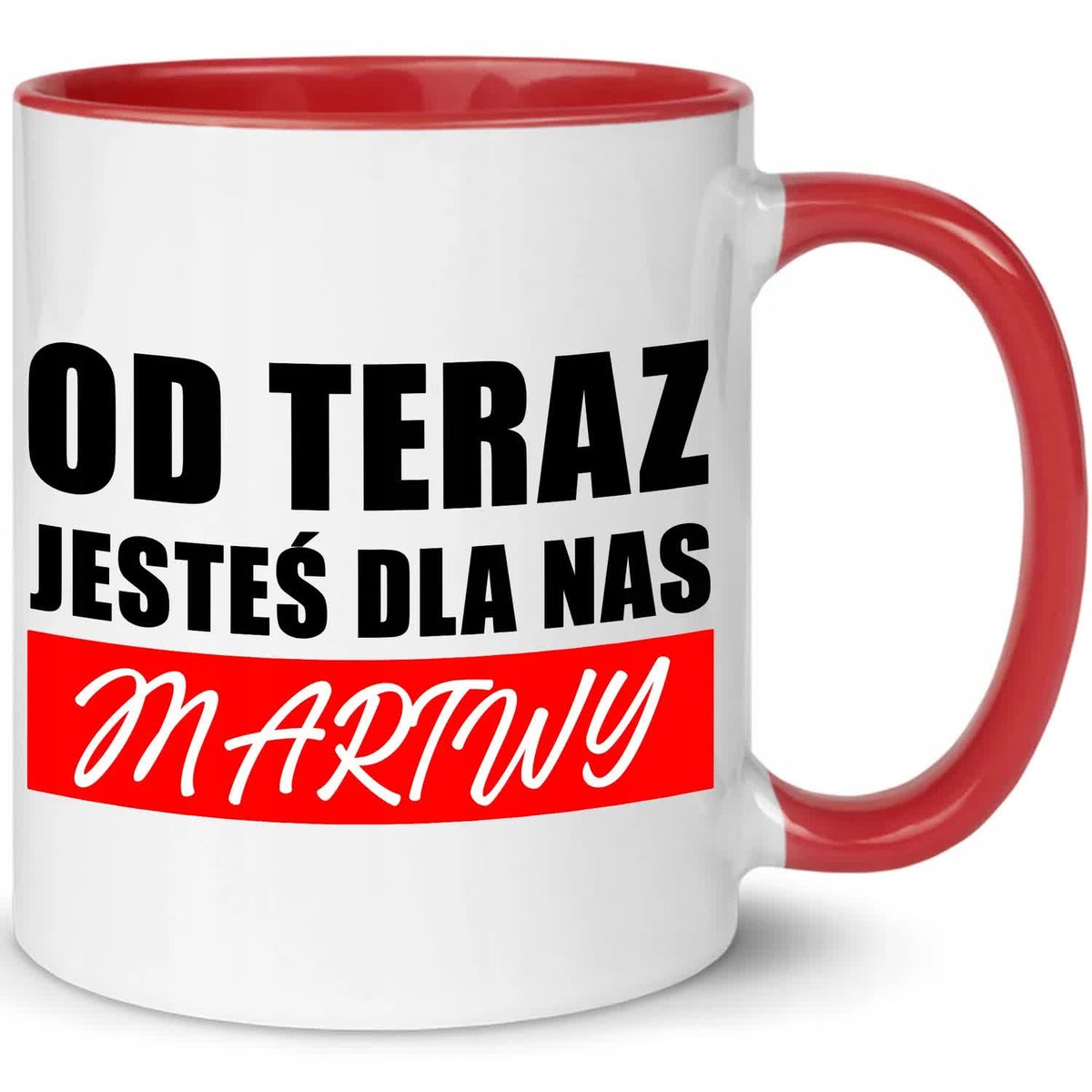 KUBEK BIAŁY UCHO WNĘTRZE CZERWONE PREZENT NA POŻEGNANIE W PRACY ZDRAJCO WZ