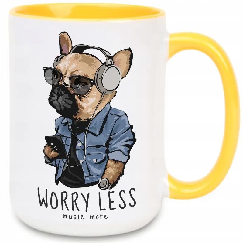 Kubek MEGA DUŻY Żółty WORRY LESS Śmieszny Prezent WIELE WZORÓW