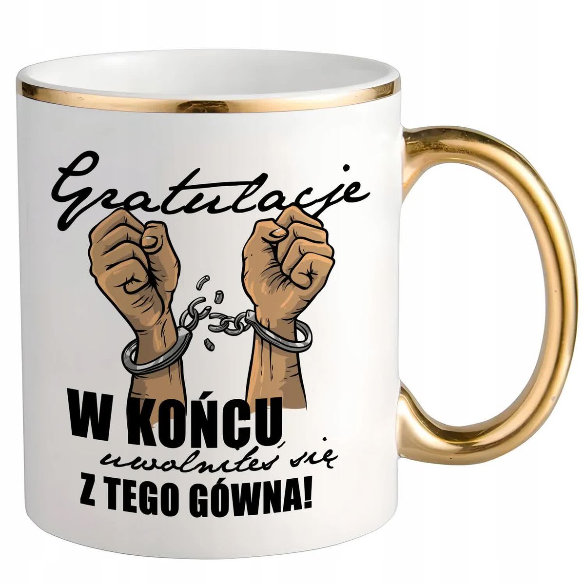 KUBEK BIAŁY UCHO RANT ZŁOTY PREZENT NA POŻEGNANIE W PRACY ZDRAJCO MIX WZORY