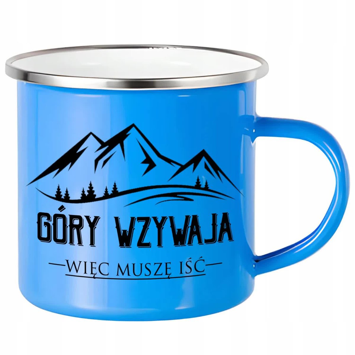 Kubek Stalowy Emaliowany Niebieski GÓRY WZYWAJĄ Dla Miłośnika Gór Wzory