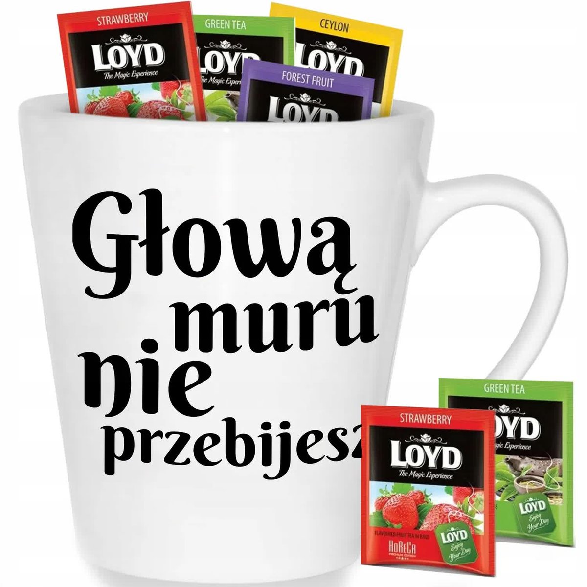 Kubek Biały Latte GŁOWĄ MURU NIE PRZEBIJESZ Prezent Wzory + 8 Loyd