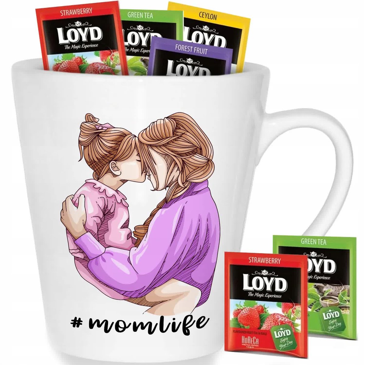 Kubek Biały Latte MOM LIFE Na Prezent Wzory + 8 Herbat Loyd