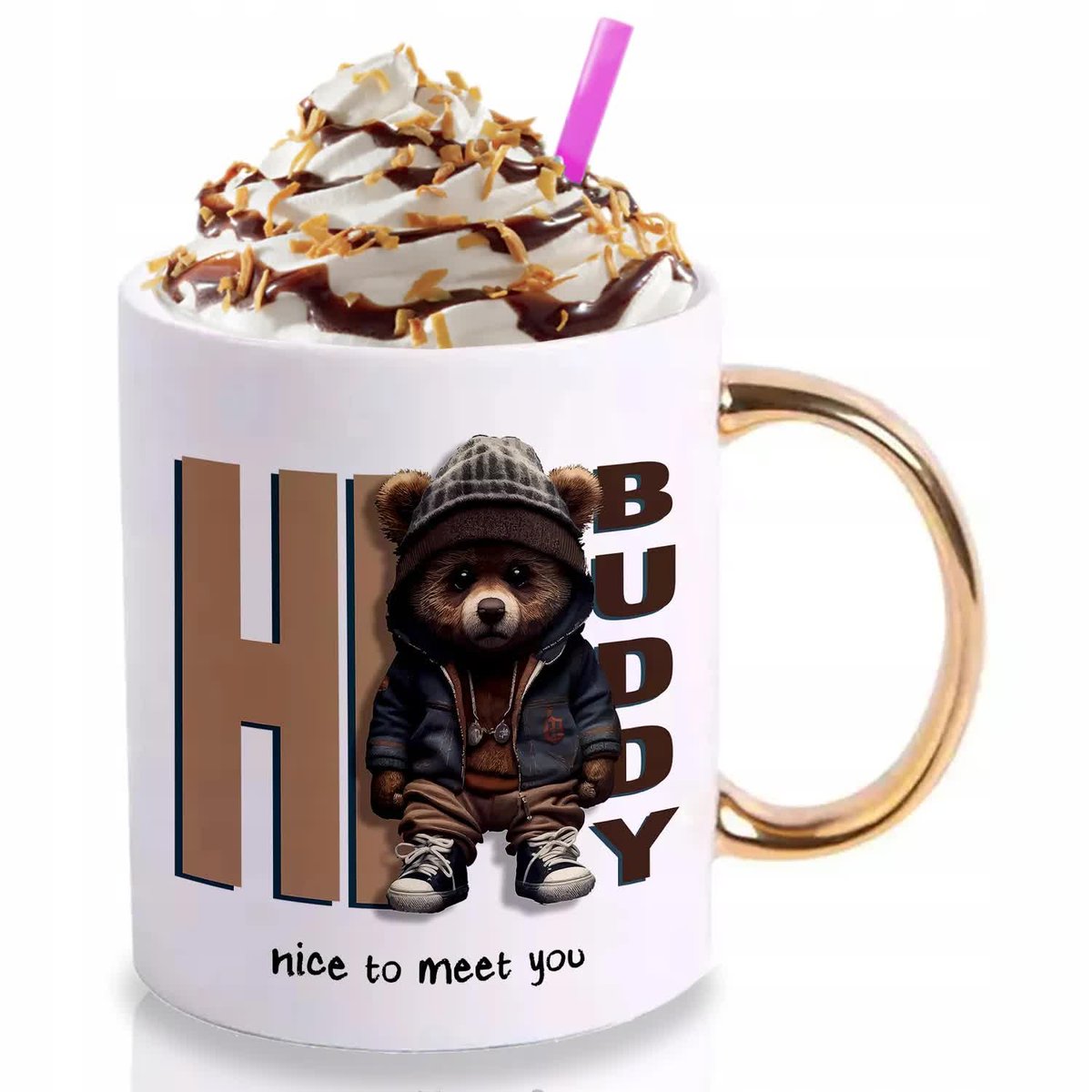 Kubek Złoty Na Prezent Misie Teddy HI BUDDY Wzory