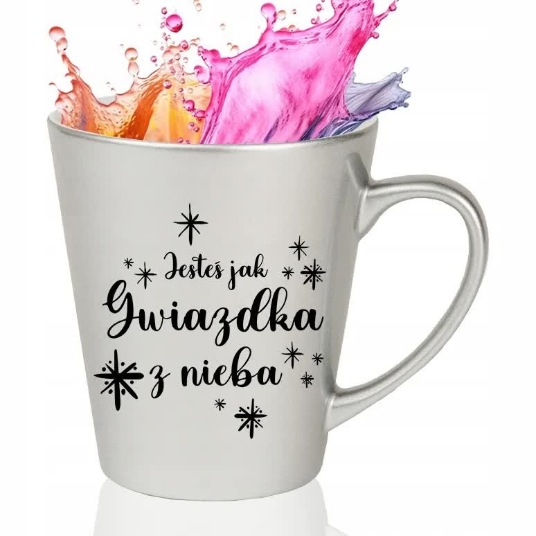 KUBEK LATTE SREBRNY Na Prezent Mikołajki Święta GWIAZDKA Z NIEBA Wzory