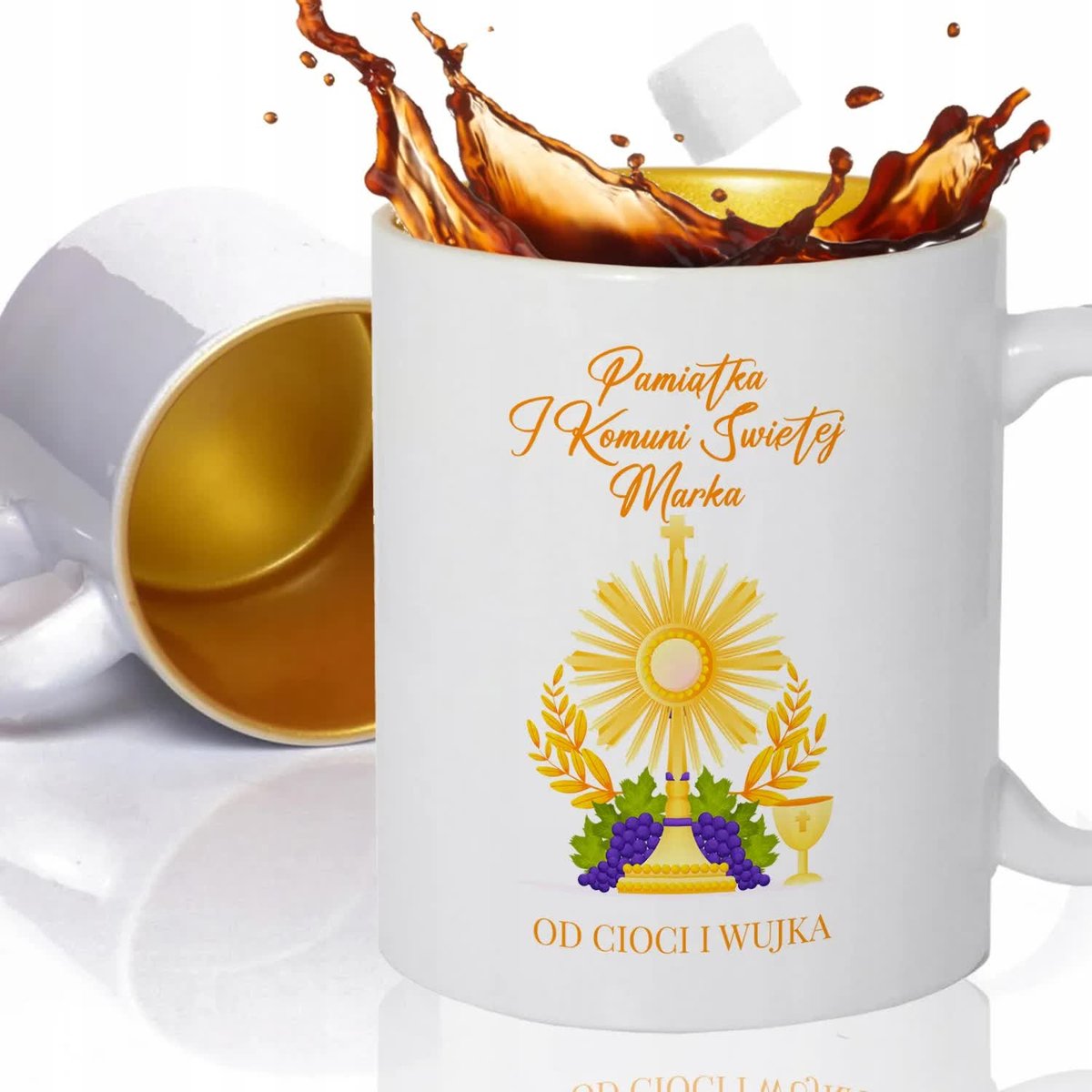 KUBEK ZŁOTY Na Prezent Upominek PAMIĄTKA I KOMUNII ŚWIĘTEJ IMIĘ Wzory