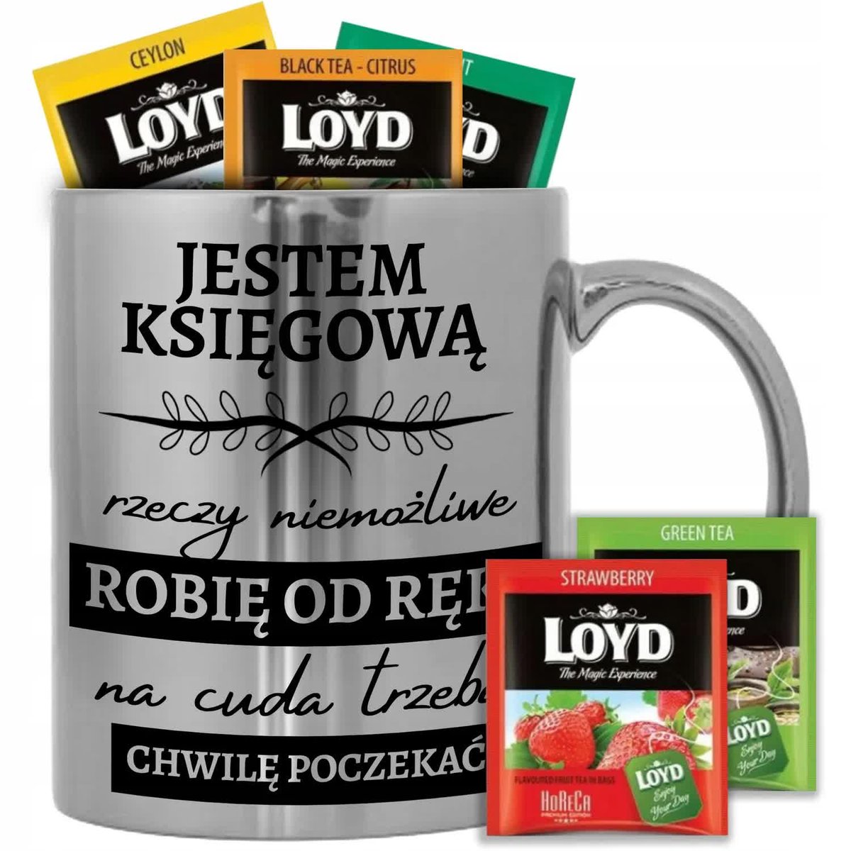 KUBEK SREBRNY PREZENT DLA KSIĘGOWEJ 8 SZT HERBATY WZORY