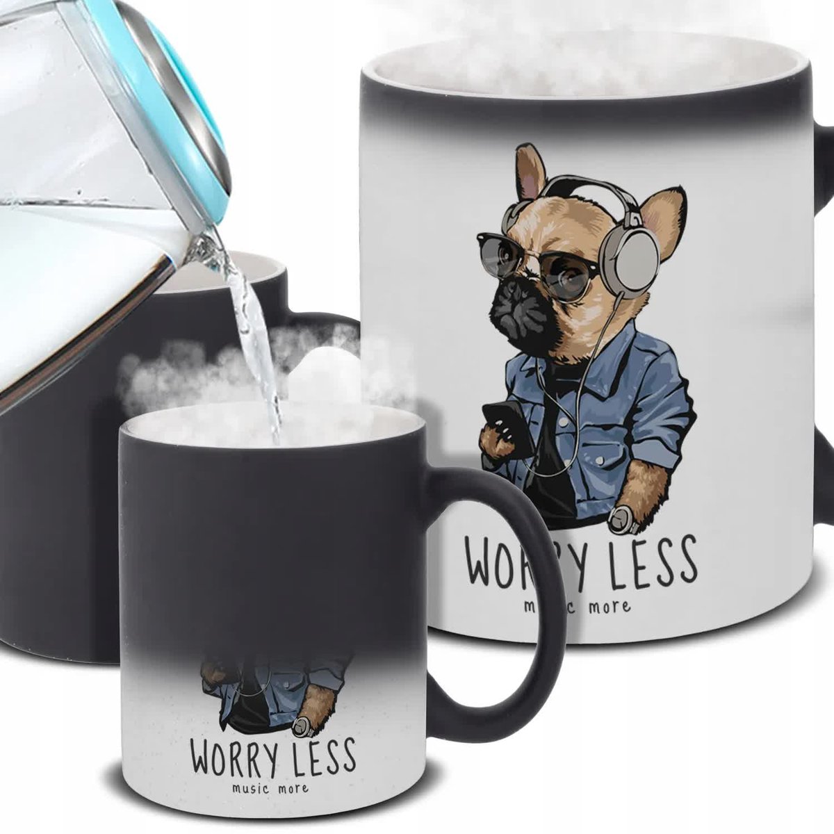 Kubek Magiczny Czarny WORRY LESS MUSIC MORE Zmieniający Kolor Zabawne Wzory