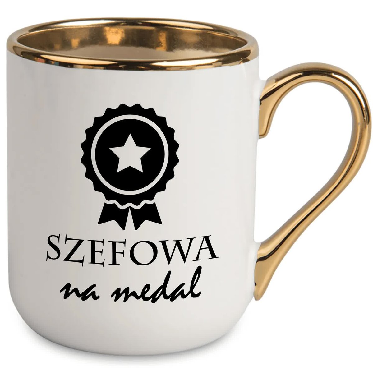 Kubek Elegant Biały Ucho Rant złoty Prezent SZEFOWA na MEDAL Wiele WZORÓW
