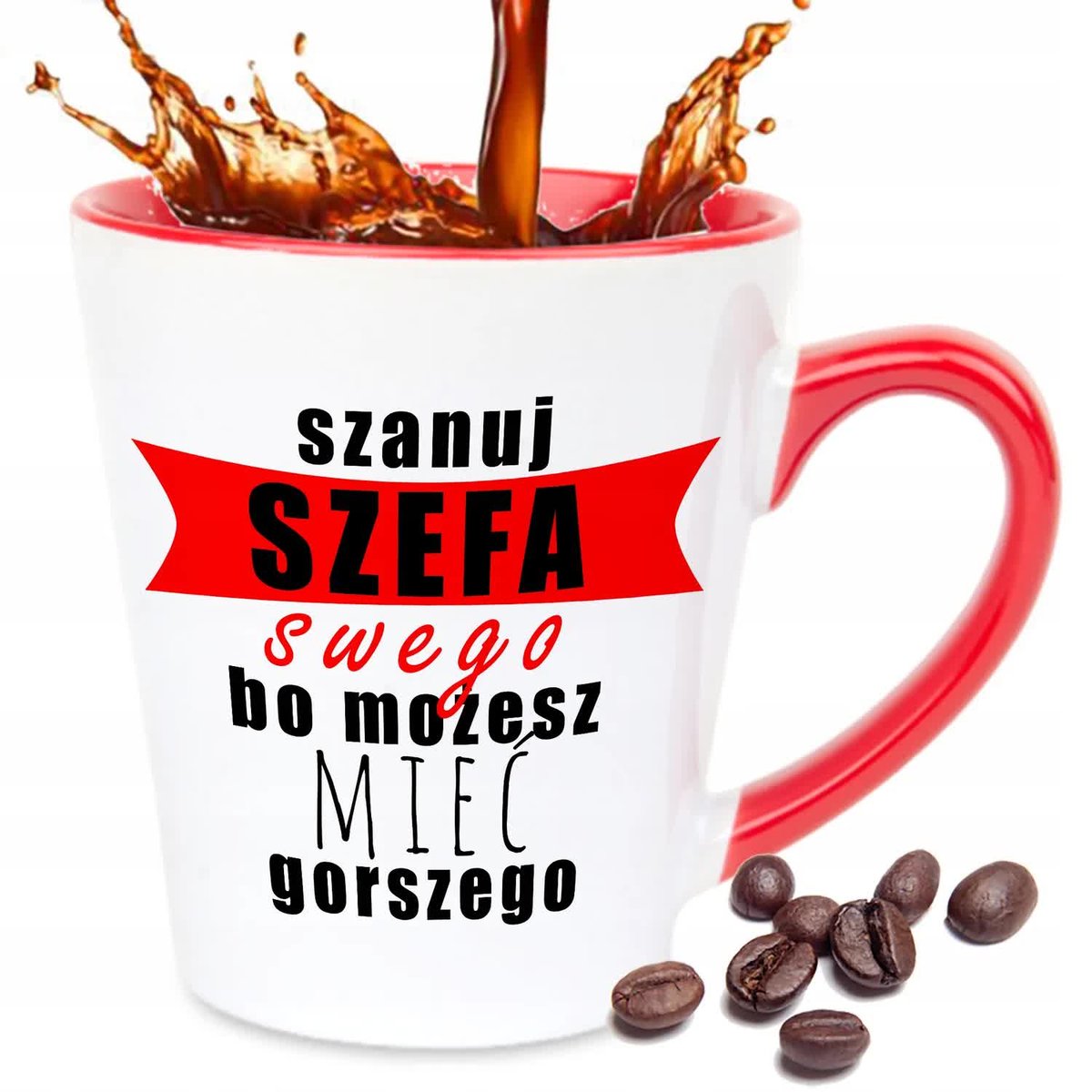 Kubek Latte Mały CZERWONY CO MNIE NIE ZABIJE ŚMIESZNE DO PRACY WIELE WZORÓW
