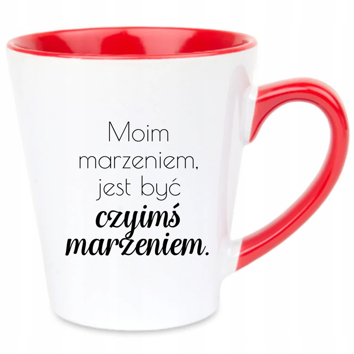 Kubek Latte Czerwono Biały BYĆ CZYIMŚ MARZENIEM Na Prezent Pozytywne Wzory