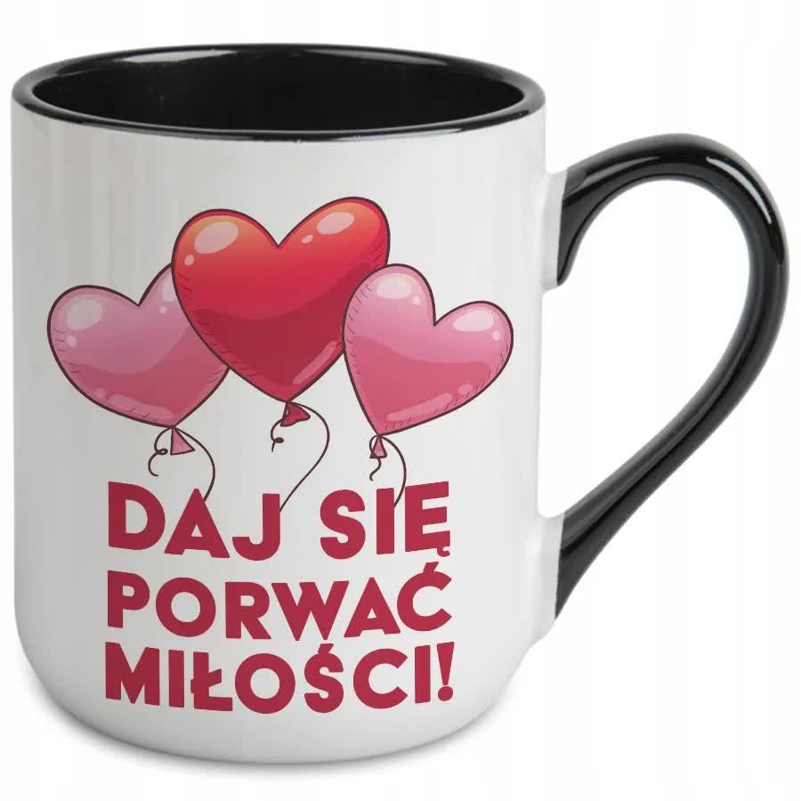 Kubek Coffe z Nadrukiem DAJ SIĘ PORWAĆ MIŁOŚCI Stylowe Wzory Biało Czarny