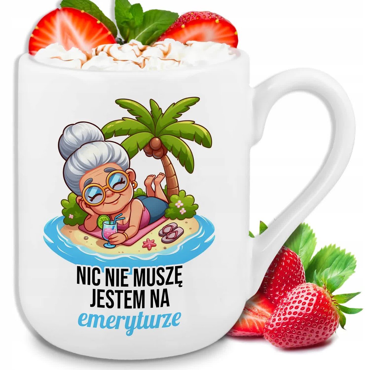 Kubek Biały Prezent DLA EMERYTKI NIC NIE MUSZĘ JESTEM NA EMERYTURZE Wzory
