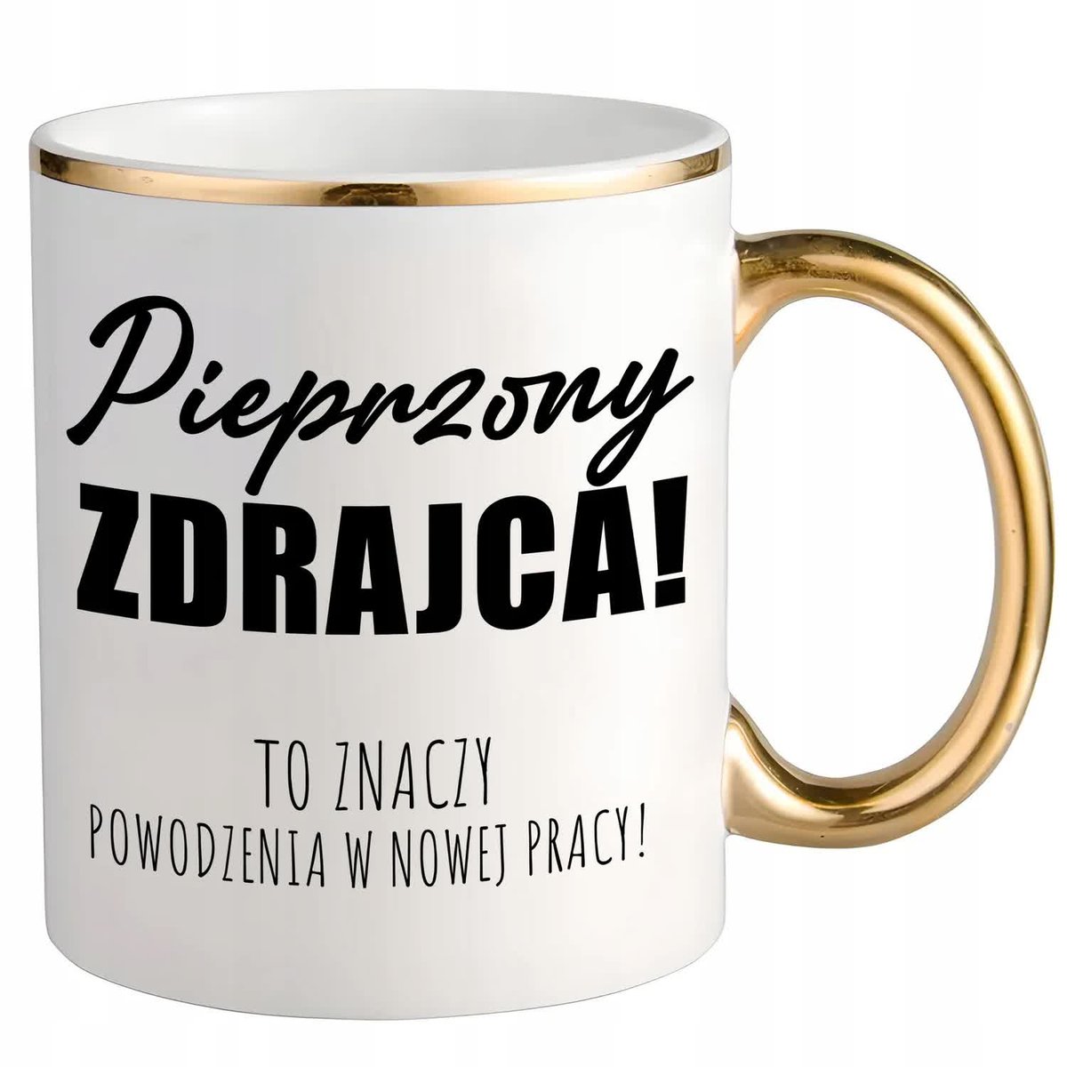 KUBEK BIAŁY UCHO RANT ZŁOTY DLA KOLEŻANKI NA PREZENT DO PRACY POŻEGNANIE WZ