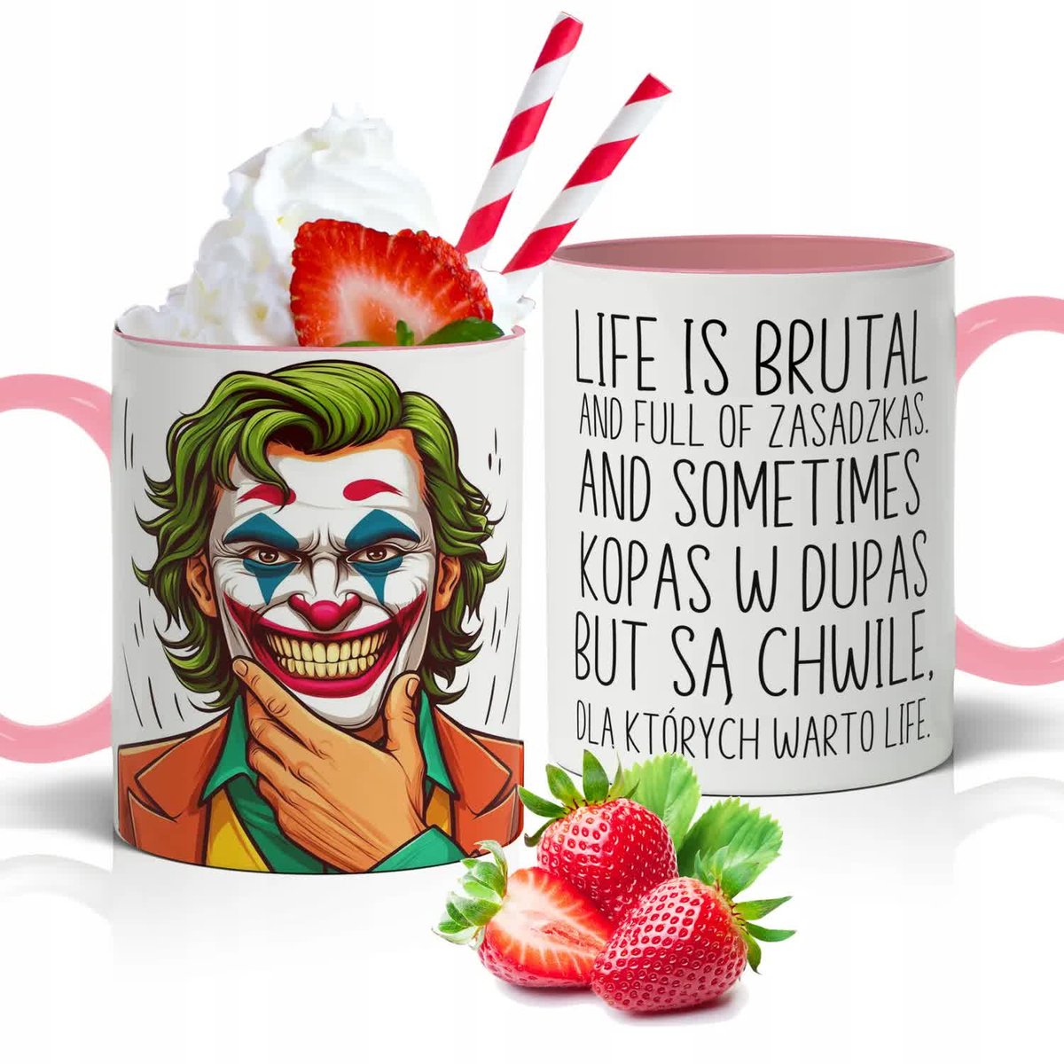 KUBEK BIAŁO-RÓŻOWY PREZENT DO PRACY LIFE IS BRUTAL AND FULL ZASADZKAS WZORY