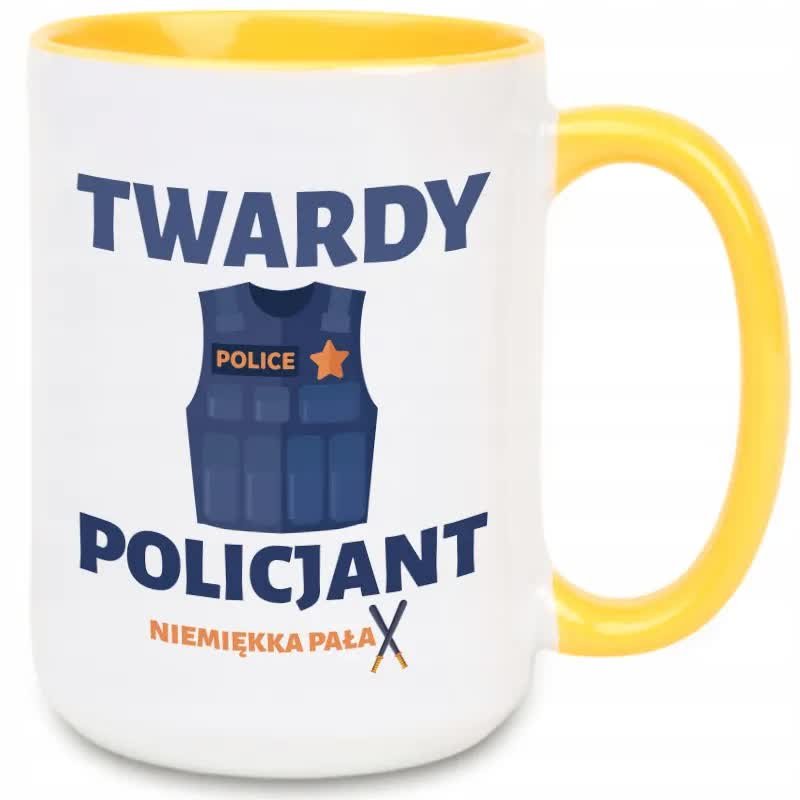 Kubek Z Nadrukiem PREZENT DLA TWARDEGO POLICJANTA Biało Żółty