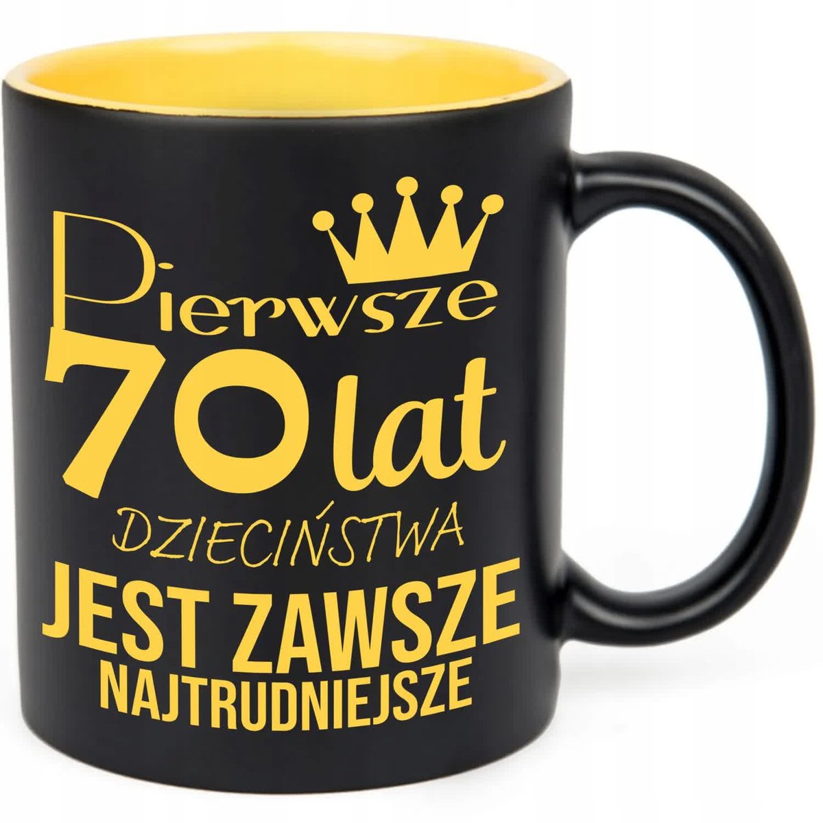 KUBEK GRAWER ŻÓŁTY PREZENT URODZINY PIERWSZE 70 LAT JEST NAJTRUDNIEJSZE WZ