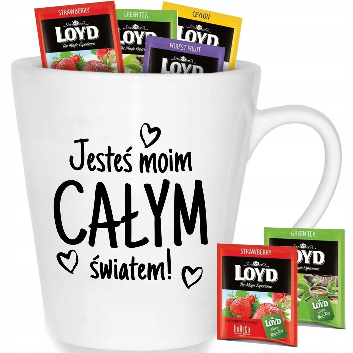 Kubek Biały Latte JESTEŚ MOIM CAŁYM ŚWIATEM Wzory + 8 Herbat Loyd