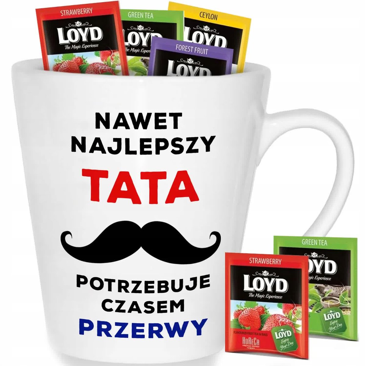 Kubek Biały Latte TATA POTRZEBUJE PRZERWY Prezent Wz + 8 Herbat Loyd