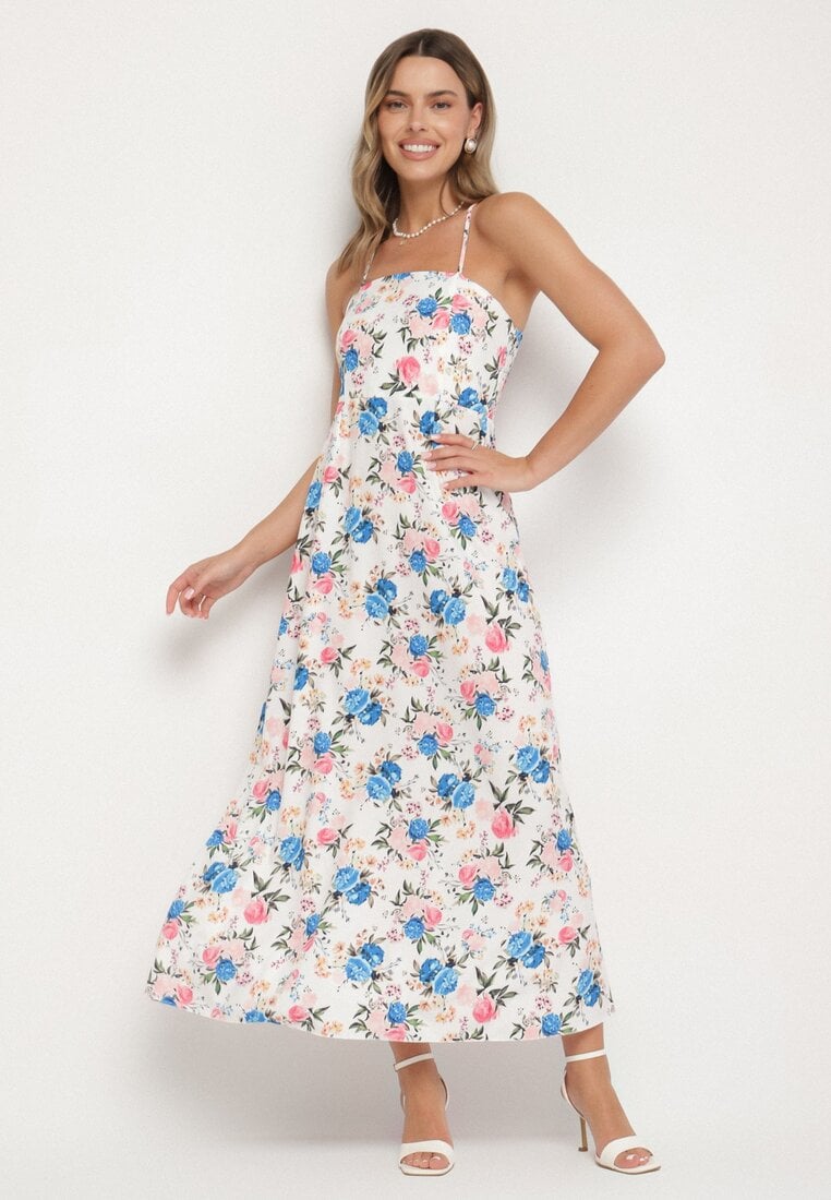 Niebieska Sukienka z Wiskozą o Rozkloszowanym Kroju w Kwiaty Nalorene