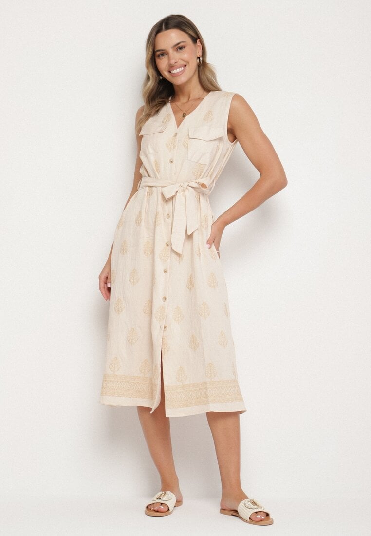 Beżowa Wiskozowa Sukienka Koszulowa w Hafty z Paskiem Araverra