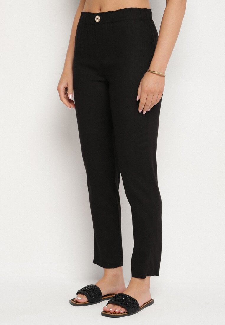 Czarne Spodnie z Lnem o Klasycznym Kroju z Gumką w Talii Filarse