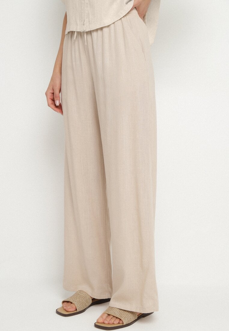 Jasnobeżowe Szerokie Spodnie z Lnem z Gumką w Talii i Kieszeniami Filisela