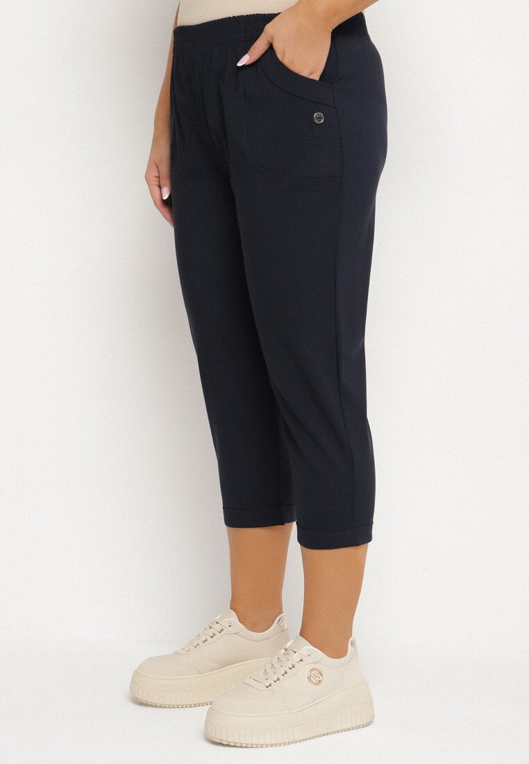 Granatowe Spodnie z Wiskozą Ozdobione Kieszeniami Liranta