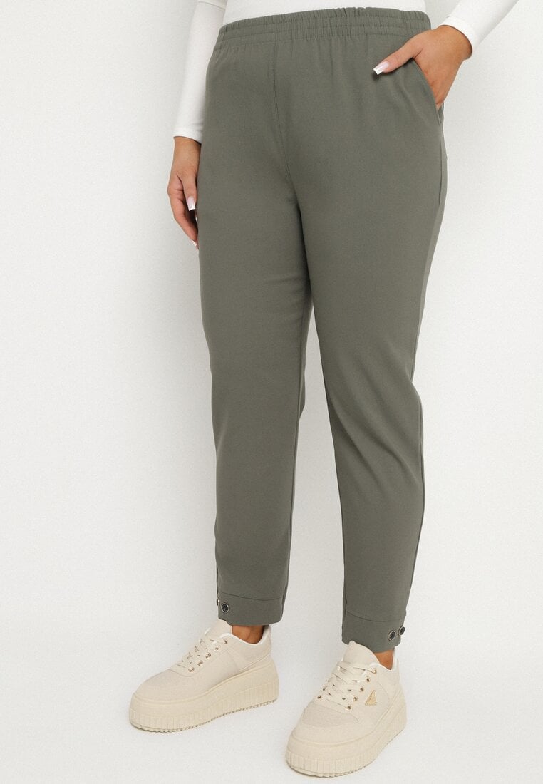 Ciemnozielone Spodnie z Wiskozą z Gumką w Talii i Aplikacjami przy Nogawkach Stellorie