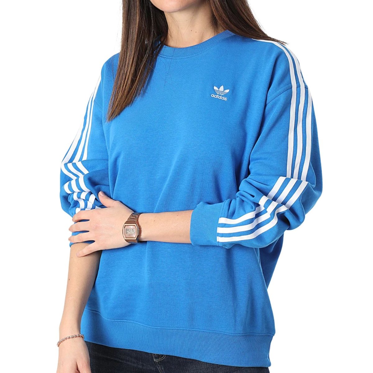 Bluza damska Adidas 3-Stripes Crew oversiza niebieska luźna bawełniana-M