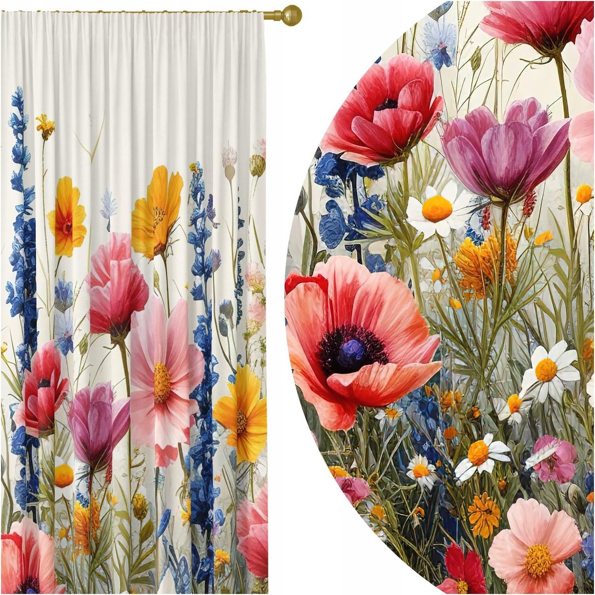 GOTOWE ZASŁONY NA ŻABKI TAŚMIE 140X250 ZASŁONA KWIATY 285 SKRÓCENIE W CENIE