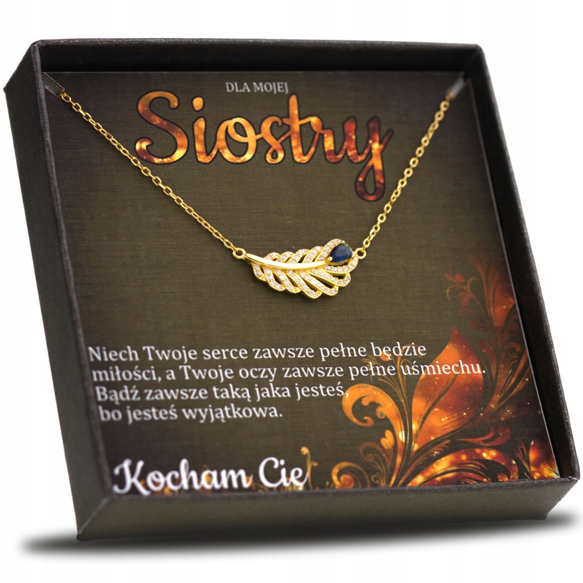 Naszyjnik Srebrny Pozłacany dla Siostry Piórko Celebrytka Dedykacja Prezent