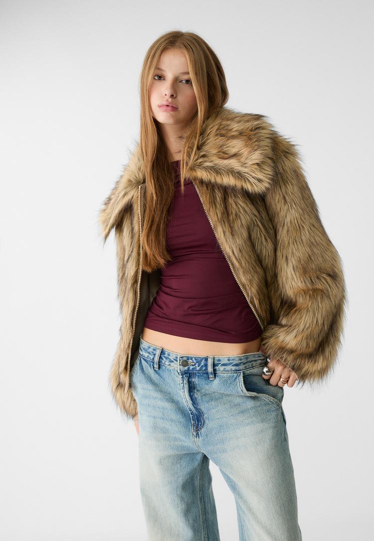 Stradivarius Kurtka ze sztucznego futerka Kamień XS