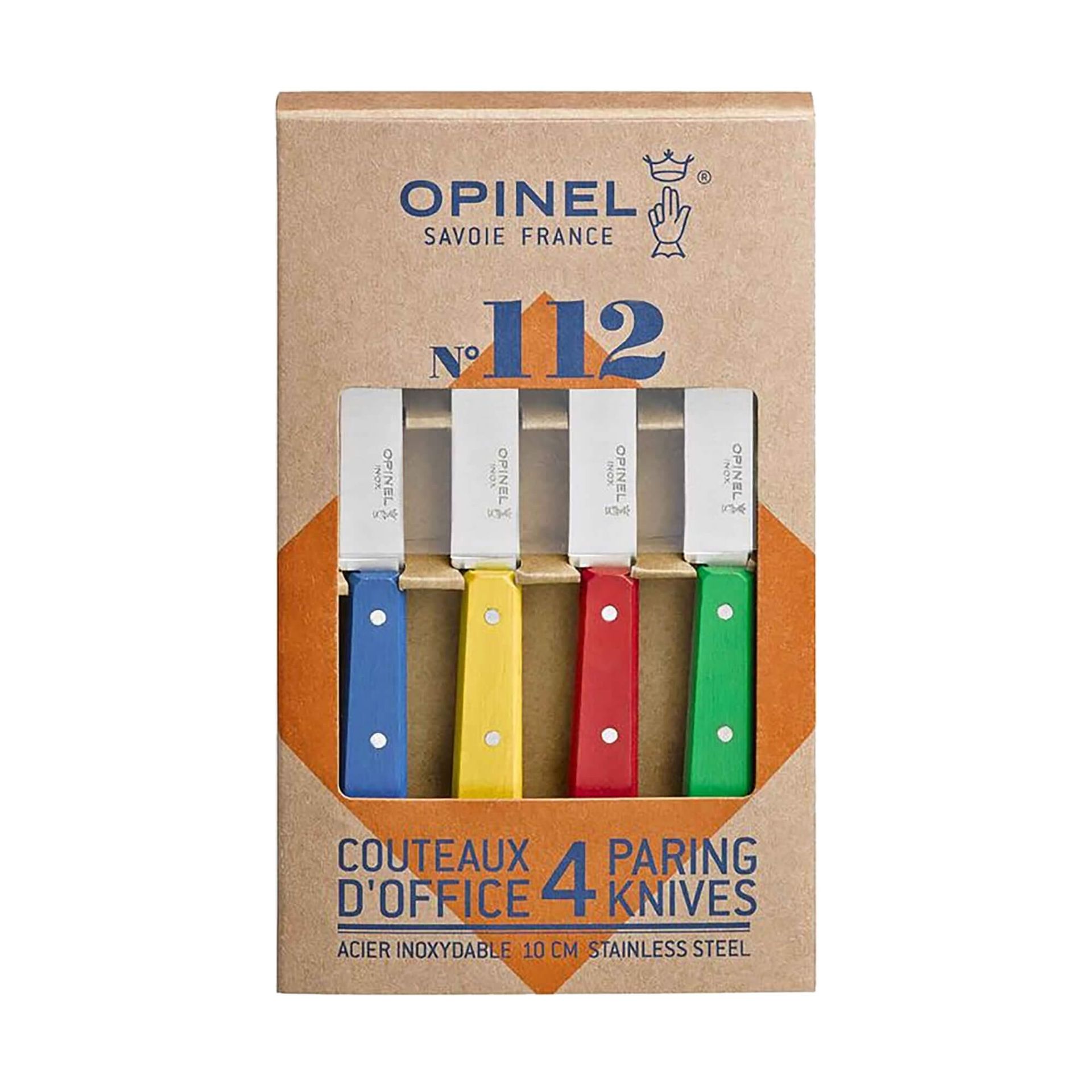 Opinel 254316 Essentials N stopni 112 CLAS techniki  4 częściowy zestaw noży kuchennych, ze stali nierdzewnej, niebieski, żółty, czerwony, zielony, 19.3 x 2 x 1 cm 4 jednostek 1233