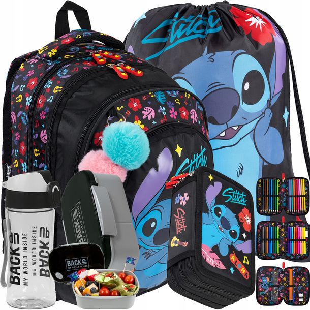Stitch Plecak Szkolny Młodzieżowy Dziewczynki Czarny Lilo&stitch Zestaw 5w1