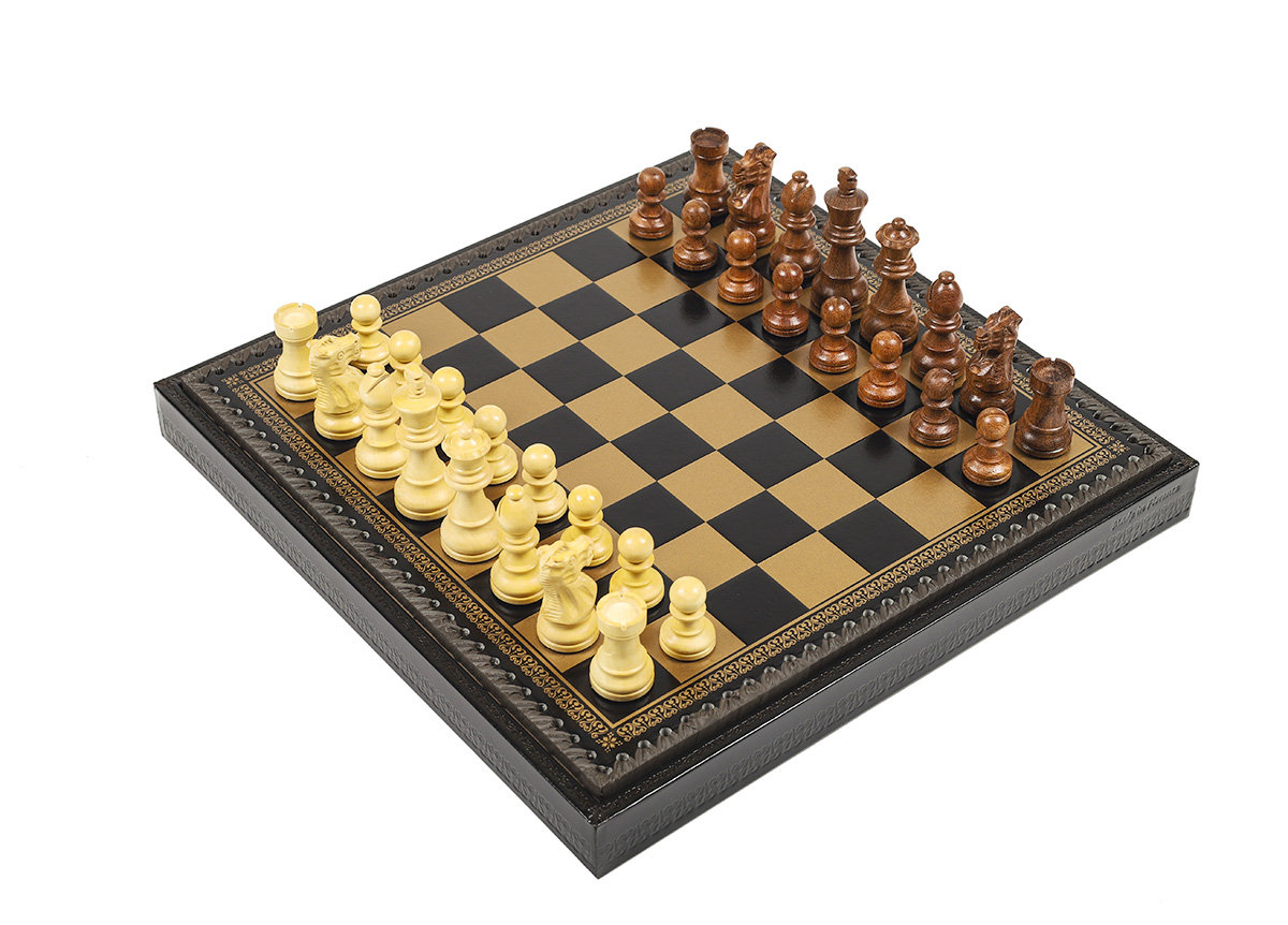 ITALIAN SET CHESS PIECES ACACIA WOOD CLASSIC 7,6+BOARD LEATHERETTE GOLD/BLACK 35