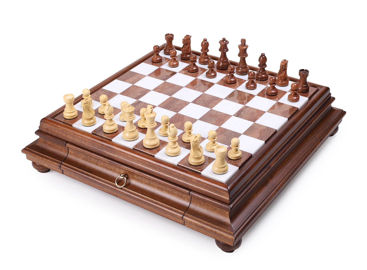 ITALIAN SET CHESS PIECES ACACIA WOOD CLASSIC 7,6+CHESS BOARD MARBLE/TILIA WOOD 46 WITH DRAWER