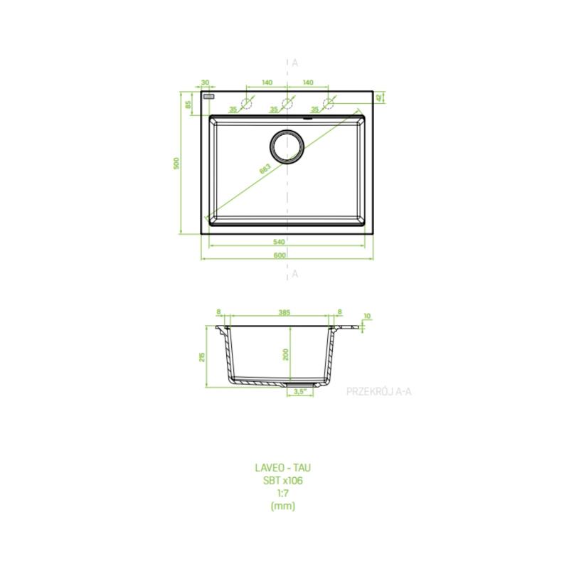 Laveo Tau Zlewozmywak granitowy jednokomorowy 50x60 cm beż SBT_4106