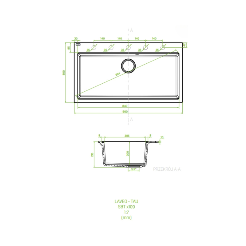 Laveo Tau Zlewozmywak granitowy jednokomorowy 50x90 cm szary SBT_5109