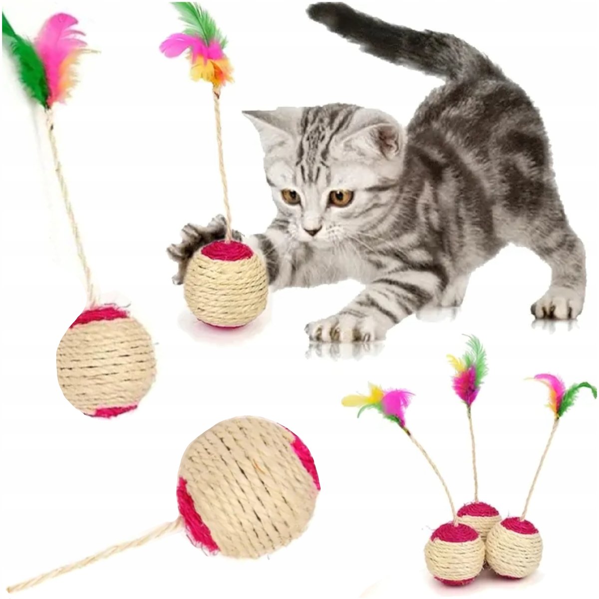 Zabawka Dla Kota Psa Interaktywna Piłka Na Sznurku Z Piórkiem Włóczka Duża