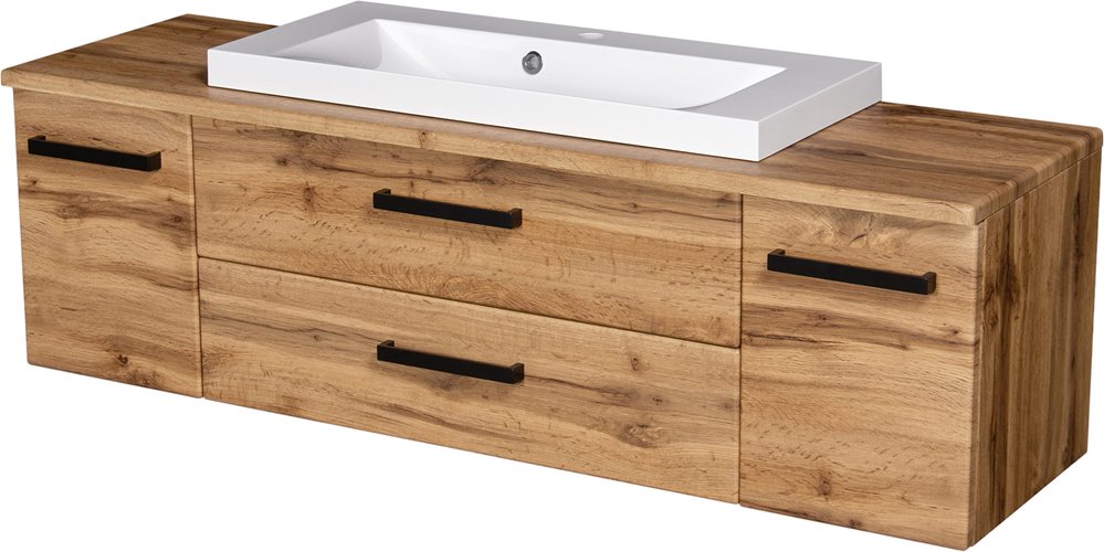 Szafka wisząca z białą umywalką nablatową 140 cm kolor dąb naturalny seria Fokus Loft Gante