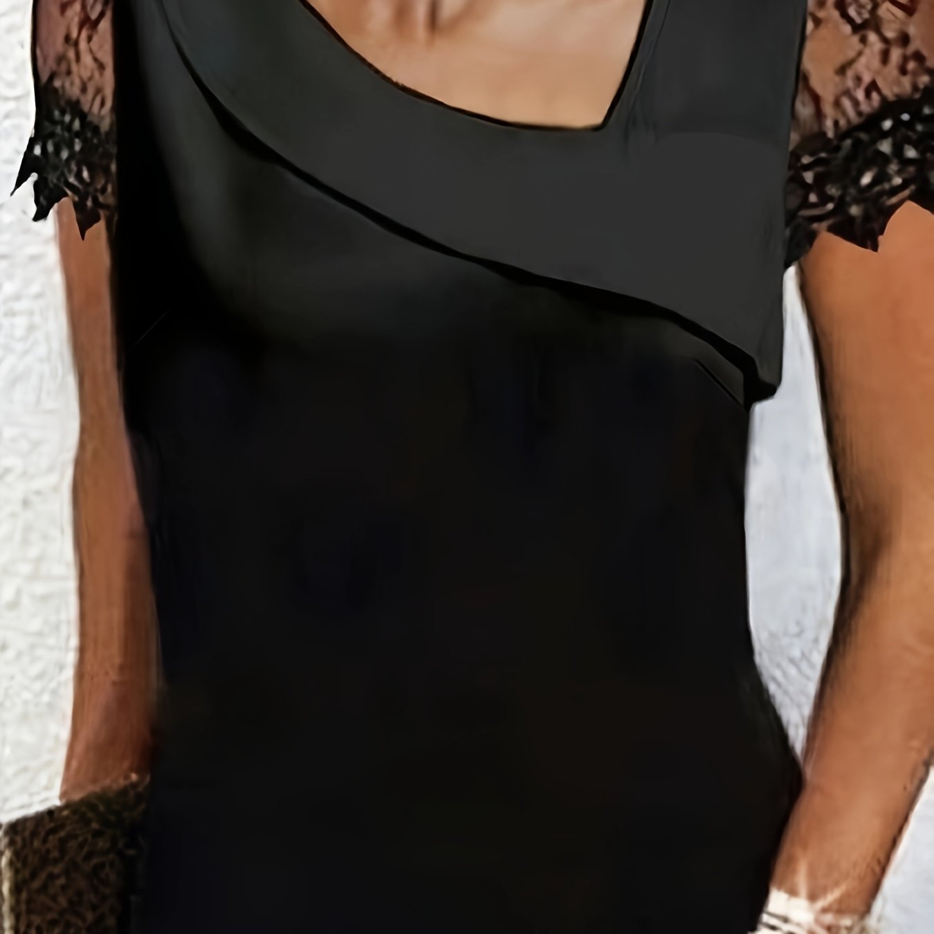 TEMU Elegancka czarna bluzka damskiej z koronką - asymetryczny dekolt, krótkie rękawy, casualowa bluzka letnia dla dorosłych, jednolity z koronkowymi