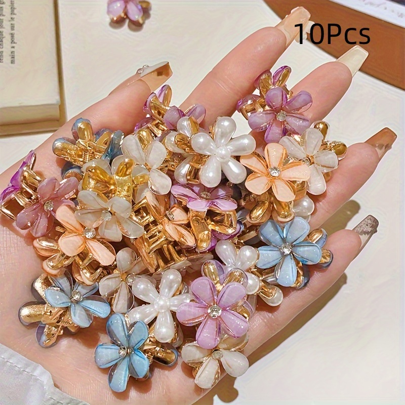 TEMU 10 sztuk Eleganckich Klipsów do Włosów z Kwiatami - Materiał PVC, Stylowe Mini Klipsy z Delikatnymi Różowymi i Białymi Kwiatami, Idealne do