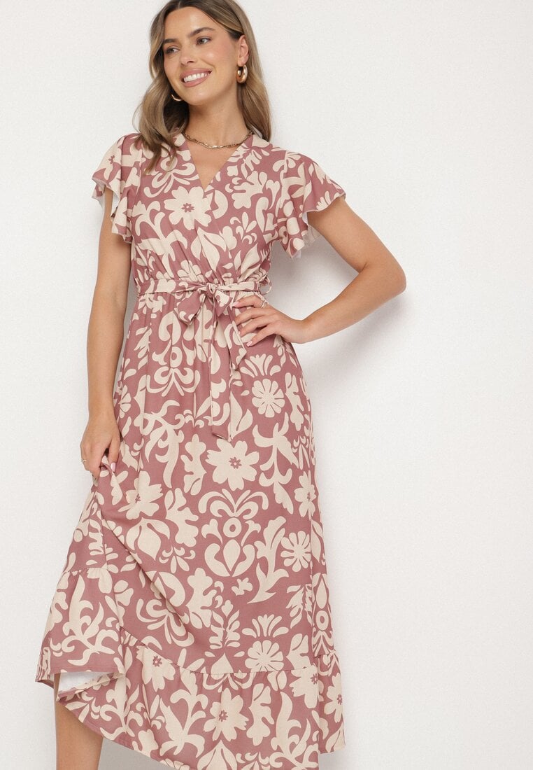 Ciemnobeżowa Sukienka o Rozkloszowanym Kroju w Kwiaty Ozdobiona Paskiem Nilatra