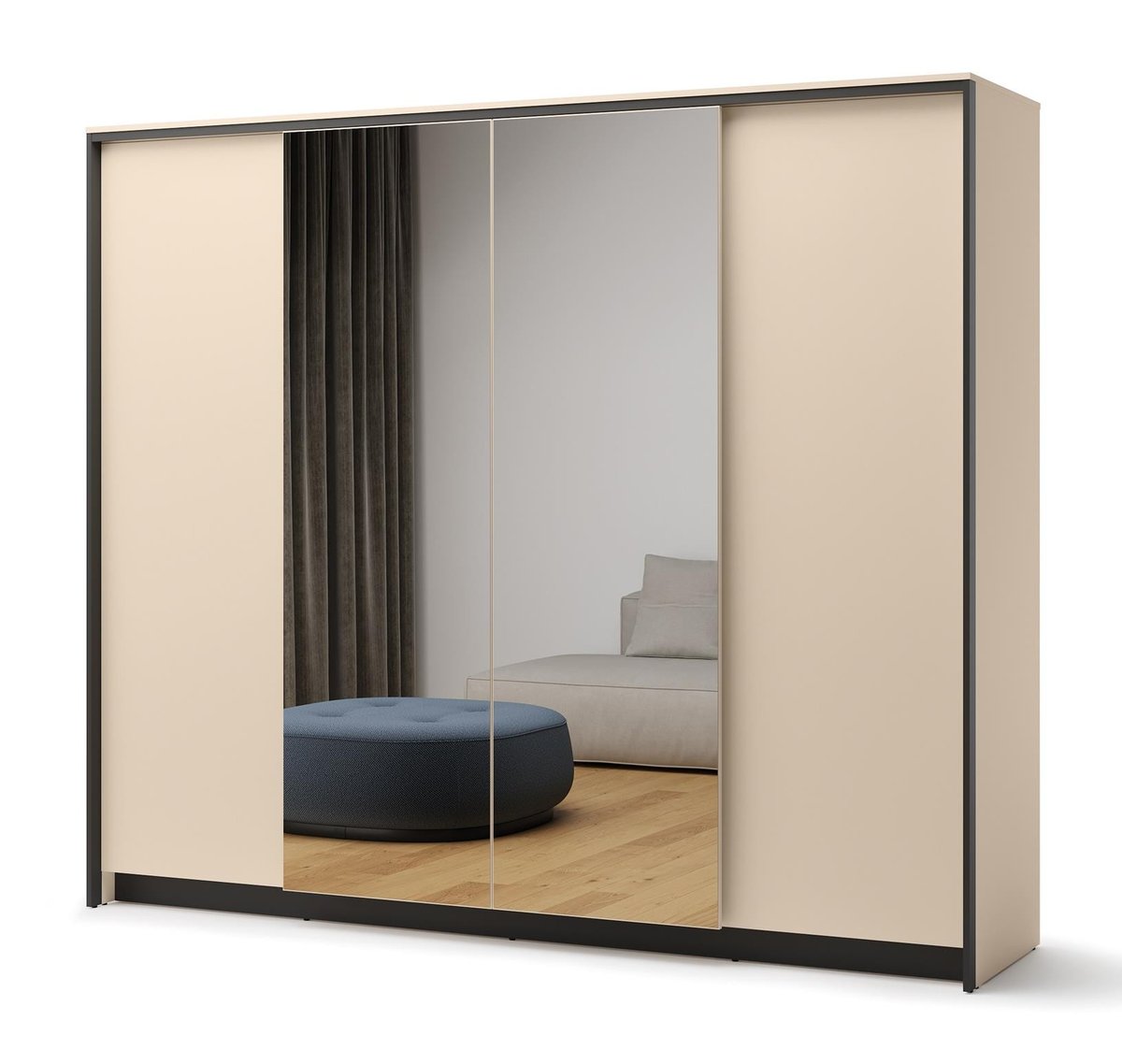 Szafa Uchylna Elba Czterodrzwiowa Z Lustrem I Oświetleniem Led Do Sypialni Beżowy + Czarny