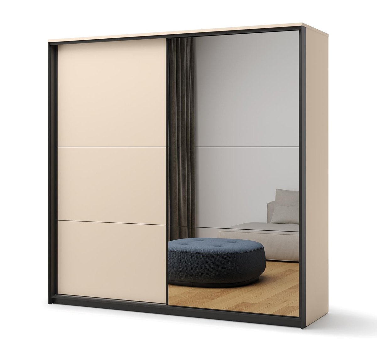 Szafa Przesuwna Elba Dwudrzwiowa Z Lustrem I Oświetleniem Led Do Sypialni Beżowy + Czarny