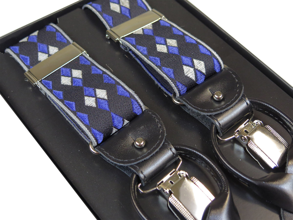 Czarne szelki na guziki w granatowe i szare romby G27