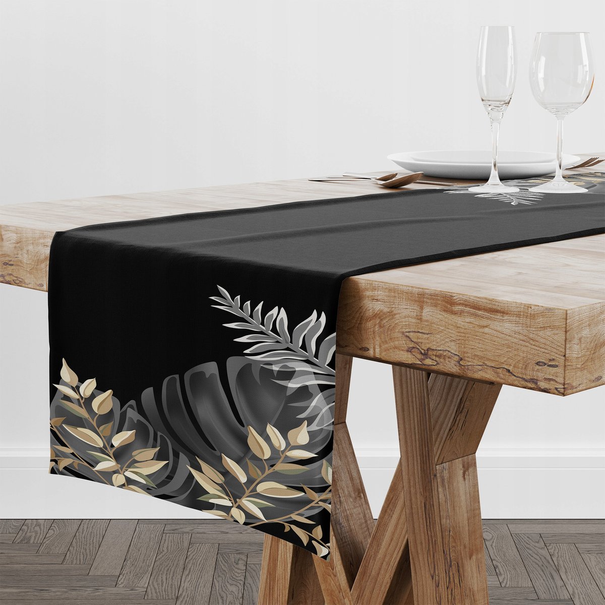 BIEŻNIK OBRUS NA STÓŁ MATOWY GŁADKI 40x180 MOSTERA CZARNA ZŁOTA 009